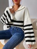 kkboxly  Striped Pattern Half Zip Pullover Sweater, Casual Bell Sleeve Sweater For Fall & Winter, Women's Clothing
