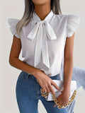 kkboxly Tie Neck Cap Sleeve Blouse, Casual Solid Ruffle Trim Blouse, Women's Clothing