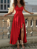 kkboxly  Asymmetrical Ruffle Hem Split Dress, Solid Sleeveless Ruched Dress For Party, Women's Clothing