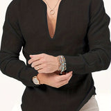 kkboxly  Men's Shirt Top V Neck Breathable Beach Shirt Long Sleeves Closure Regular Fit Solid Color Male Casual Shirt For Daily Vacation Resorts