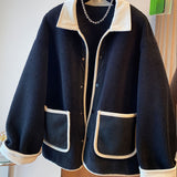 kkboxly  Contrast Trim Patched Pockets Outwear, Versatile Long Sleeve Button Front Coat For Fall & Winter, Women's Clothing