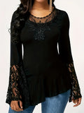 Solid Contrast Lace Crew Neck Asymmetrical Hem T-shirt, Elegant Long Flare Sleeve T-shirt, Women's Clothing
