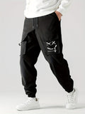 kkboxly  Smile Print, Men's Drawstring Cargo Pants, Flap Pocket Loose Trendy Jogger Pants, Mens Work Pants