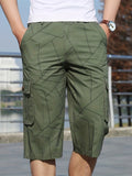 Geometric Pattern Cotton Cargo Shorts, Men's Casual Multi Pocket Waist Drawstring Cargo Shorts For Summer Outdoor