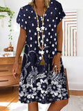 Kkboxly   Retro Print Loose Long Dress, Short Sleeve V-neck Waist Summer Dresses, Women's Clothing