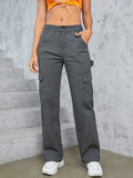 kkboxly  Plain Flap Pockets Cargo Pants, Loose Fit High Waist Wide Legs Sports Straight Jeans, Women's Activewear