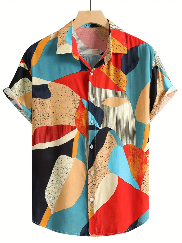 kkboxly  Men's Color Block Lapel Short Sleeve Shirt