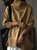 Solid Turtleneck Pullover Sweater, Casual Long Sleeve Drop Shoulder Sweater, Women's Clothing