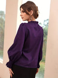 kkboxly  Tie Front Ruffle Trim Blouse, Elegant Solid Long Sleeve Blouse, Women's Clothing