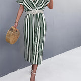 kkboxly  Striped Surplice Neck Belted Jumpsuit, Casual Batwing Sleeve Jumpsuit For Spring & Summer, Women's Clothing