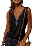 kkboxly  Casual V-neck Zipper Cami Top, Solid Fashion Sleeveless Loose Summer Fit Tank Top, Women's Clothing