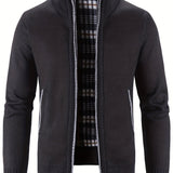 kkboxly  Warm Stand Collar Fleece Jacket, Men's Casual Comfortable Solid Color Zip Up Knitted Cardigan For Spring Fall