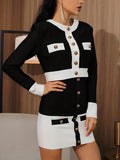 kkboxly  Houndstooth Print Elegant Two-piece Set, Button Front Long Sleeve Tops & Bag Hip Mini Skirts Outfits, Women's Clothing