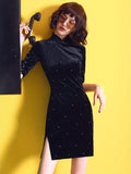 kkboxly  Chinese Vintage Split Cheongsam, Half Sleeve Mandarin Collar Dress, Women's Clothing