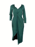 kkboxly  Solid Twist Dress, Sexy V Neck Split Hem Long Sleeve Party Dress, Women's Clothing