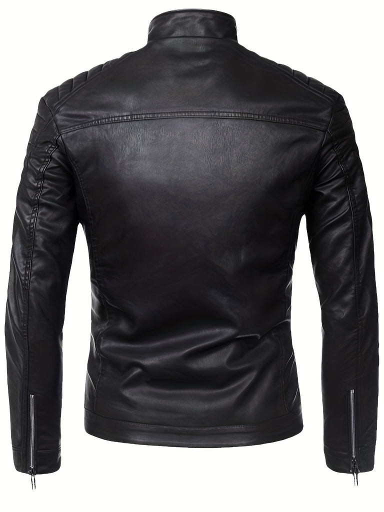 kkboxly  PU Biker Jacket, Men's Casual Solid Color Zip Up Stand Collar Faux Leather Jacket For Spring Fall