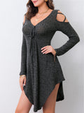 kkboxly  Cold Shoulder Drawstring Dress, Casual V Neck Long Sleeve Mini Dress, Women's Clothing
