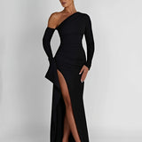kkboxly  Solid One-shoulder Split Hem Dress, Elegant Long Sleeve Ruffle Trim Slim Dress For Party & Banquet, Women's Clothing