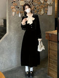 kkboxly  Contrast Trim Bow Decor Velvet Dress, Elegant Long Sleeve Button Front Dress For Spring & Fall, Women's Clothing