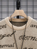 kkboxly  All Match Knitted Sweater, Angel & Eternal Print Men's Casual Warm Slightly Stretch Crew Neck Pullover Sweater For Fall Winter