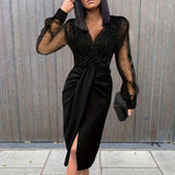 kkboxly Mesh Stitching Bodycon Dress, Elegant Puff Long Sleeve V-neck Dress, Women's Clothing