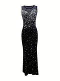 kkboxly  Allover Print Contrast Mesh Bridesmaid Dress, Casual Sleeveless Bag Hip Cut Out Dress, Women's Clothing