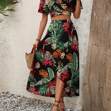 2025 kkboxly  Tropical Print Vacation Two-piece Set, V Neck Flutter Sleeve Tops & High Waist Midi Skirts Outfits, Women's Clothing