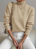 kkboxly  Solid Mock Neck Knit Sweater, Casual Drop Shoulder Long Sleeve Sweater, Women's Clothing