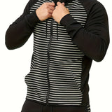 kkboxly  Stripe Pattern, Men's Zipper Hooded Jacket, Casual Comfy Loose Long Sleeve Hoodie, Men's Clothing
