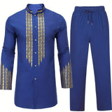 kkboxly Men's African 2 Pcs Set Long Sleeve Gold Print Cotton Dashiki And Pants Outfit Traditional Suit