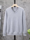 kkboxly  All Match Knitted Solid Sweater, Men's Casual Warm Slightly Stretch V Neck Pullover Sweater For Men Fall Winter