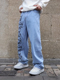 Letter Print Loose Fit Jeans, Men's Casual Street Style Wide Leg Denim Pants For All Seasons