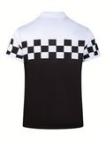 kkboxly  Gentleman & Plaid Pattern Print Men's Casual Short Sleeves Zipper Graphic Polo Shirts, Lapel Collar Tops Pullovers, Men's Clothing For Summer