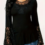 Solid Contrast Lace Crew Neck Asymmetrical Hem T-shirt, Elegant Long Flare Sleeve T-shirt, Women's Clothing