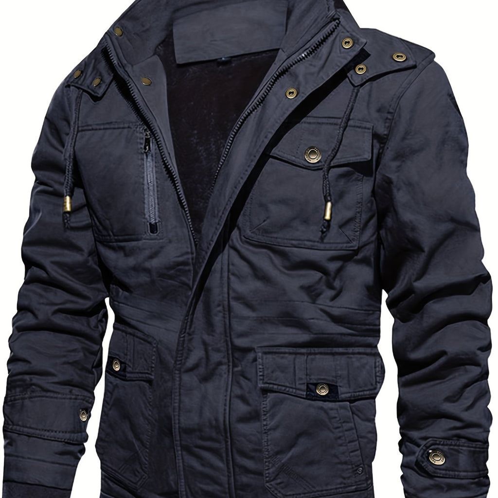 kkboxly  Men's Winter Cargo Jackets Casual Thicken Multi-Pocket Outwear Fleece Lined Military Warm Coat Removable Hood