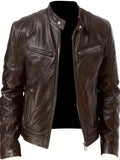 kkboxly  Zipper Pockets PU Jacket, Men's Casual Solid Color Zip Up Stand Collar Faux Leather Jacket For Spring Fall