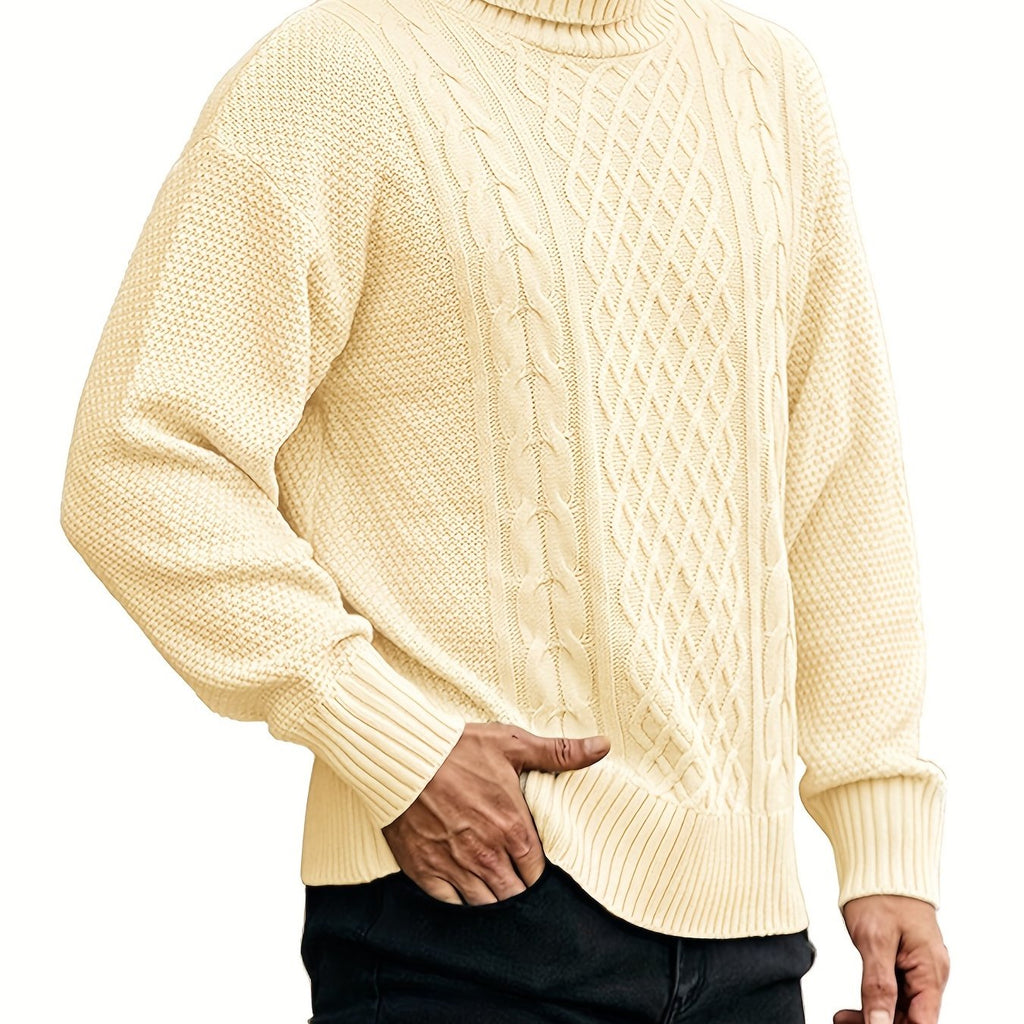 kkboxly  All Match Knitted Cable Sweater, Men's Casual Warm Middle Stretch Turtleneck Pullover Sweater For Men Fall Winter