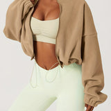 kkboxly  Zip Up Drop Shoulder Jacket, Casual Solid Long Sleeve Drawstring Crop Jacket For Fall, Women's Clothing