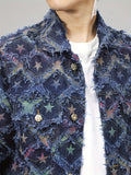 kkboxly  Men's Casual Jacquard Weave Denim Jacket, Street Style Chic Button Up Jacket