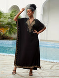 Plus Size Boho Kaftan Dress, Women's Plus Golden Embroidered Bat Sleeve Notched Neck Maxi Cover Up Dress