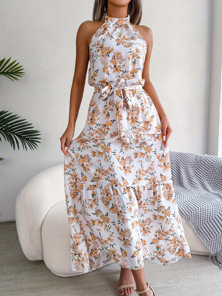 kkboxly  Floral Print Halter Neck Dress, Casual Sleeveless Maxi Dress, Women's Clothing