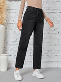 kkboxly  Stepped Waist Plain Straight Leg Jeans, Casual Slash Pocket Asymmetric Denim Pants, Women's Denim Jeans & Clothing