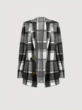 kkboxly   Plaid Button Down Long Sleeve Lapel Coat, Fashion Winter Blazer, Women's Clothing