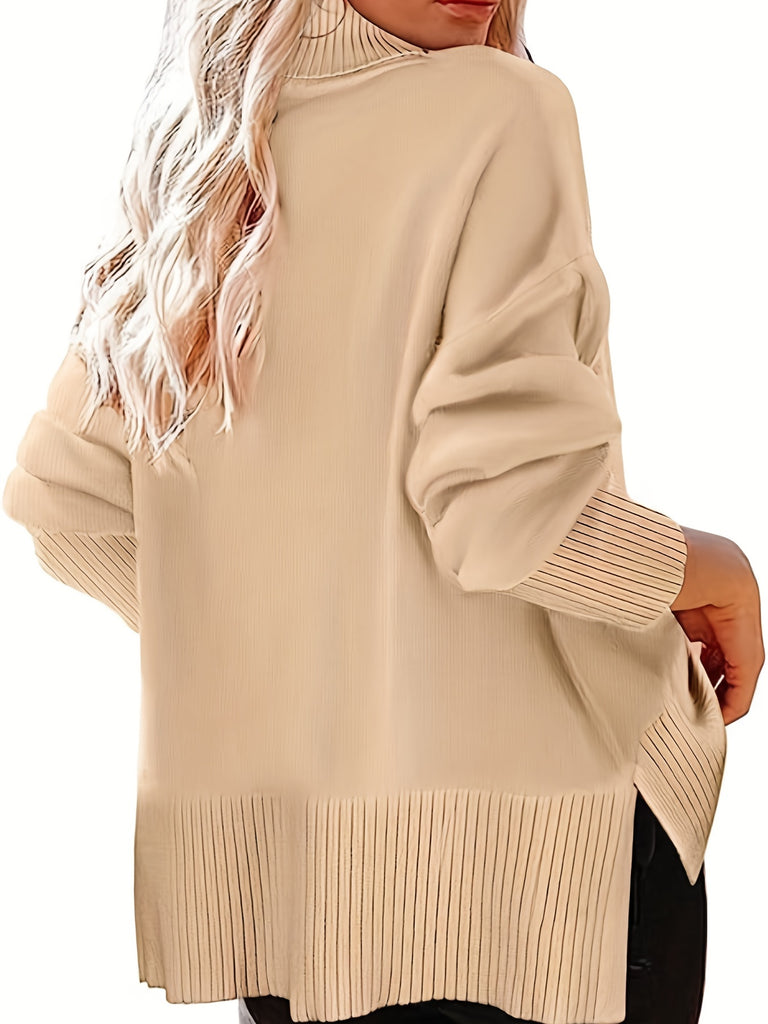 kkboxly  Solid Turtle Neck Split Sweater, Casual Long Sleeve Sweater For Fall & Winter, Women's Clothing