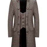 kkboxly  Retro Style Woolen Single Breasted Trench Coat, Men's Casual Overcoat Attached With Waistcoat For Fall Winter