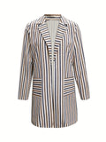 Striped Open Front Blazer, Elegant Long Sleeve Lapel Blazer, Women's Clothing