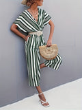 kkboxly  Striped Surplice Neck Belted Jumpsuit, Casual Batwing Sleeve Jumpsuit For Spring & Summer, Women's Clothing