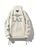 kkboxly kkboxly  Men's Fashion Lax Print Fleece Jacket, Casual Slightly Stretch Stand Collar Zip Up Windproof Warm Coat For Winter