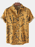 kkboxly  Men's Casual Flax Tie Doodle Style Short Sleeve Shirt, Male Hawaiian Shirt For Summer Beach Vacation
