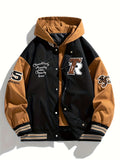 kkboxly Men's Casual Fake Two-piece Jacket, Chic Letter Embroidery Hooded Varsity Jacket